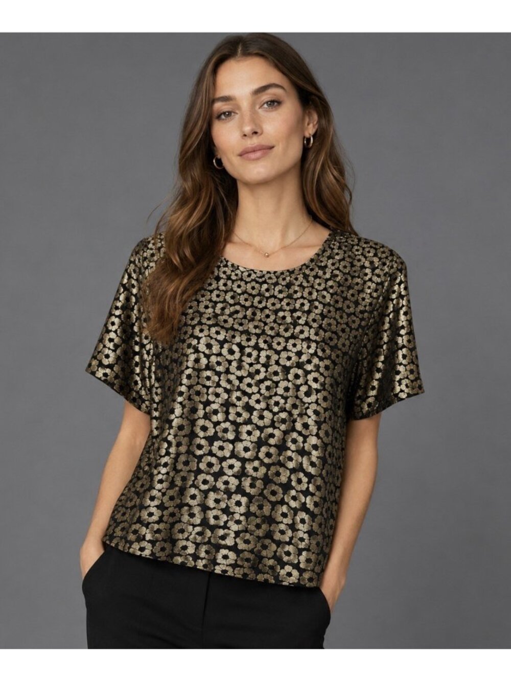 EQUIPMENT Femme Womens S Riley Silk Boxy Tee Blouse Black/Gold Metallic Floral